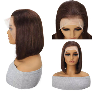 Perruque Bob Courte Lisse Brun <span class=keywords><strong>Chocolat</strong></span> 13x4 Lace Frontale <span class=keywords><strong>Cheveux</strong></span> Humains Vierge Remy Pré-Pluckée # 4 couleurs pour femmes - Product Image 2