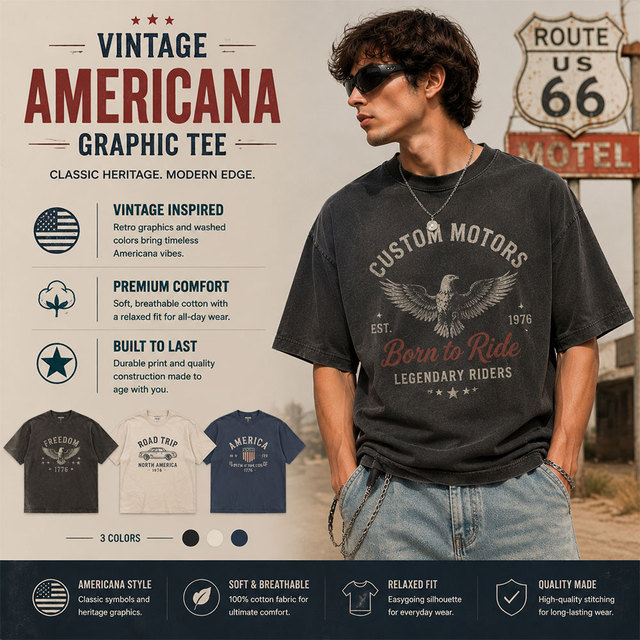 240 Gsm Vintage Americana Graphic Tee Oversized Fit Men's Cotton Tshirts Custom Design Brand