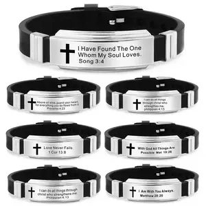 Trendy Custom Black Rubber Wristband Silicone Bracelet Bangle Christian Bible Cross Scripture Letters Bracelet