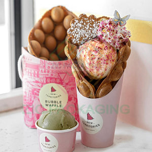 Boîte d'emballage à gaufres à bulles en papier rose de qualité alimentaire avec impression de logo personnalisé porte-crêpe pour emballage de crème glacée en cône en papier à emporter - Product Image 4