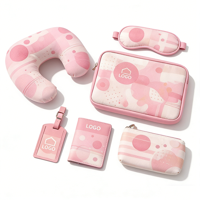 6 Pcs Storage Set Toiletry Set Pink Travel Set: Neck Pillow, Eye Mask, Passport Holder, Luggage Tag, and Storage Pouch