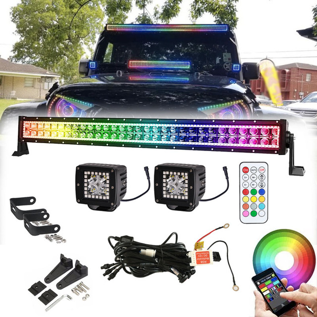 Led Light Bar With Chasing Rgb Halo Ring Ip67 Waterproof Color Changing Strobe Flashing Modes Light Bar for Jeep Offroad Truck
