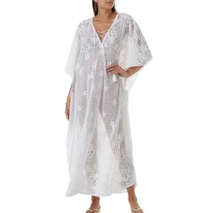 Beautiful White Lace Floral Long Kaftan Dress V Neck Pull String Beach Cover Up