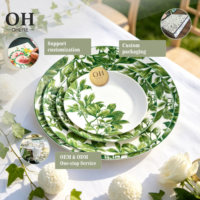 Service de table en porcelaine fine à motif feuilles vertes, assiette de présentation vert frais champêtre pour mariage, logo personnalisable, assiette en céramique pour événements et location
