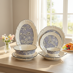 Service de table en céramique à motifs floraux, compatible micro-ondes, <span class=keywords><strong>vaisselle</strong></span> vintage en <span class=keywords><strong>porcelaine</strong></span> <span class=keywords><strong>française</strong></span>, idéal pour un cadeau de pendaison de crémaillère - Product Image 1
