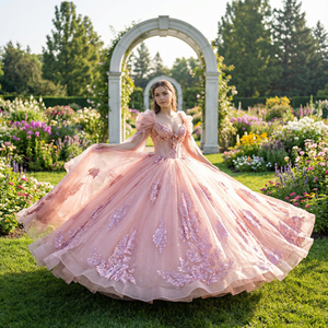 ชุดราตรีงาน Quinceanera รุ่น WC044 สีชมพู ผ้าชีฟองทรงบอลกาวน์ ประดับลูกไม้ลายดอกไม้ ผูกเชือก ช่วงเอวธรรมชาติ ป้องกันไฟฟ้าสถิต - Product Image 1