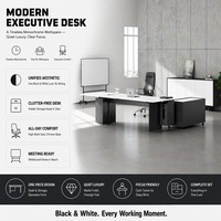 Bureau de direction en forme de L ATWOKA noir avec meuble de rangement et gestion des câbles