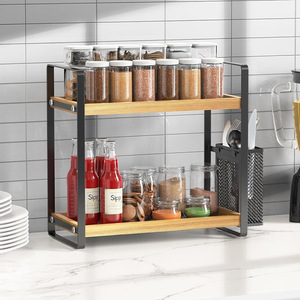 Wooden <b>Kitchen</b> Countertop Storage <b>Rack</b> Double Layer Spice Organizer With Utensil Holder For Bathroom Or <b>Kitchen</b> Use - Product Image 1