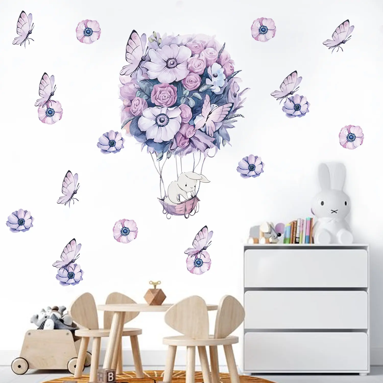 Calcomanía de pared de elefante con flores púrpuras de acuarela, pegatina de pared Floral floreciente para niñas, dormitorio, decoración para fiesta de boda