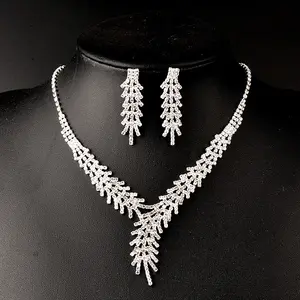 Wedding Bridal Necklace Full Crystal Rhinestone Two-Piece Party Necklace Earring Jewelry Set For Women Feather Shaped Necklace