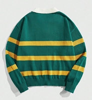Fabricant ODM EM – Polo tricoté rayé personnalisé pour homme avec col contrastant et broderie de blason – Pull de rugby en gros usine