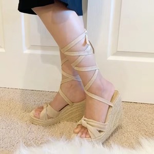 Design de fabricant personnalisé mode d'été <span class=keywords><strong>à</strong></span> lacets talon haut couleur abricot plate-forme noeud avant jambe Espadrille sandales <span class=keywords><strong>compensées</strong></span> - Product Image 6