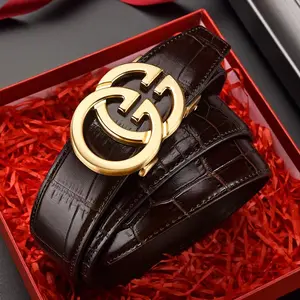 Cinturón de cuero genuino con hebilla de metal personalizada GG para hombre, cinturón negro de diseño clásico de marca de diseñador grande