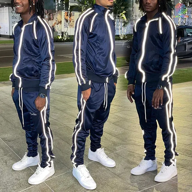 Großhandel Custom Nylon Jogging anzüge Hersteller Männer Unisex Set Big Tall Big Tall Stacked 3m Reflective Strip Jogging Suite