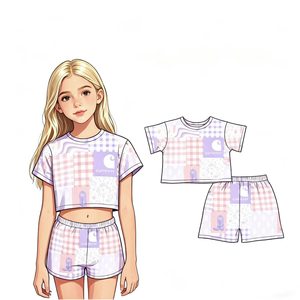 Ensemble short court en fibre de bambou Zhengpai pour fille, patchwork, doux et respirant, tenue d'été pour enfants, vêtements décontractés pour le quotidien - Product Image 1
