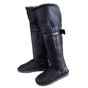 Bottes de neige plates décontractées en peau de mouton véritable, cuissardes longues, mollets larges pour femmes, bottes occidentales au-dessus du genou - Product Image 3