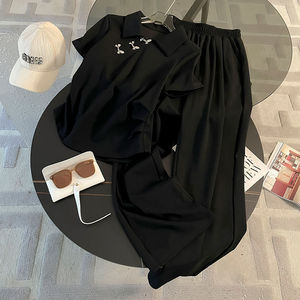 <span class=keywords><strong>Ensemble</strong></span> de sport d'été pour <span class=keywords><strong>femme</strong></span>, couleur unie, nouveau style <span class=keywords><strong>chic</strong></span> occidental, haut à manches courtes, boutons grenouille, taille cintrée, pantalon large, une pièce - Product Image 1