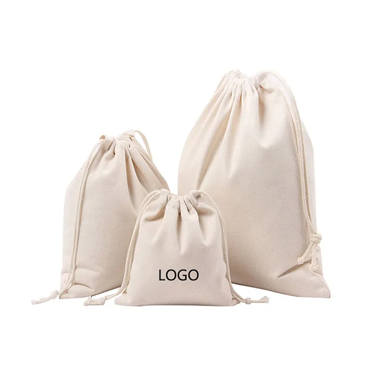 Bolsa de algodão orgânico personalizada, saco de algodão pequeno reciclado liso com cordão personalizado com logotipo