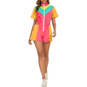 Combinaison coupe-vent une pièce color block pour femme, néon, manches courtes, fermeture éclair sur le devant, taille élastique, séchage rapide, tenue de soirée - Product Image 4