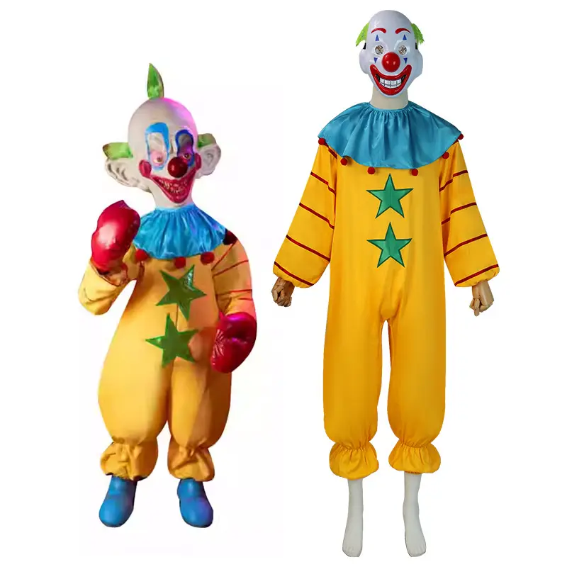 Karnaval sirk palyaço Cosplay giysi erkek kadın kostümleri Cosplay Joker giyim tulum maske eldiven Prop ile