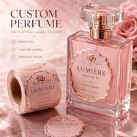 Étiquettes de parfum transparentes personnalisées de luxe, impression de logo sur mesure, autocollants transparents imperméables, étiquettes de bouteille découpées à la forme en rouleau