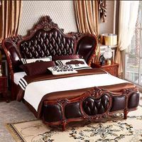 Antikes luxuriöses Kingsize-Bett im europäischen Stil Royal Furniture Antikes Hotel Schlafzimmer Holz Big Bedhead Soft Bed