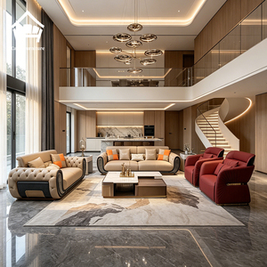 Set di Divani Chesterfield di Lusso, Divano in Pelle Moderno per Progetti di Villa con Poltrone Rosse, Arredamento per Soggiorno - Product Image 1