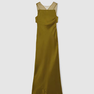 Vestido maxi casual de satén verde oliva para mujer, estilo sirena, con panel de malla transparente - Product Image 6