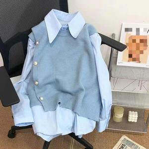 Hot Selling 2025 Lente Nieuwe Modieuze Snoep Gekleurde Gebreide Vest Shirt Tweedelige Set Voor Dames 2-delig Set Shirt Vest - Product Image 1