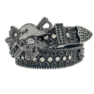 <span class=keywords><strong>Ceinture</strong></span> en cuir PU pour femme, style rétro, avec boucle tête de mort de cowgirl, ornée de strass et de diamants, logo 3D, design de créateur, style cowboy - Product Image 3