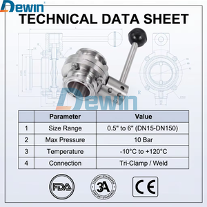 วาล์วผีเสื้อแบบแมนนวล <span class=keywords><strong>DEWIN</strong></span> SS316L Sanitary triclamp วาล์วสแตนเลสแบบใช้มือบังคับพร้อมปะเก็นซิลิโคน เกรดสำหรับอาหาร - Product Image 5