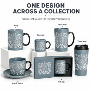 Mug en céramique bleu gris à motif islamique, impression blanche, anse noire, 350 ml, compatible micro-ondes, personnalisable OEM ODM, pour café et thé, coffret cadeau, vente en gros - Product Image 3