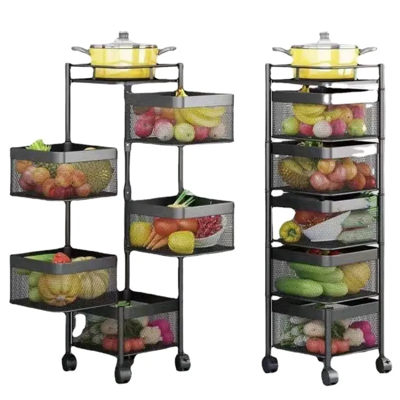 DS1191 Vegetable Fruit Storage Basket Kitchen Cabinet Organizer Seasoning Spice Rack Stainless Steel Rotating Kitchen Shelf