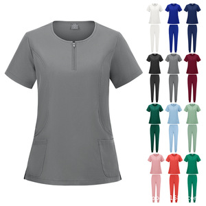 Women's Moisture Wicking Short Sleeve Scrub Top With Zipper And Pockets For Medical Nursing Hospital <b>Work</b> Uniforms Split Set - Product Image 1