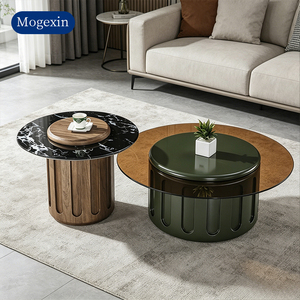 Modern <b>Nesting</b> <b>Coffee</b> <b>Table</b> <b>Set</b> with Tempered Glass Top & Walnut Green Veneer Base for Living Room Hotel Lobby - Product Image 1