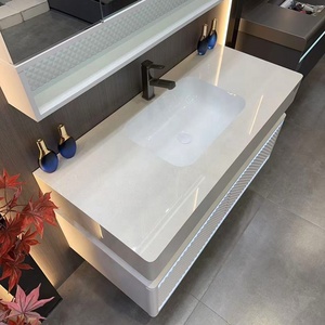 Meuble-lavabo mural de luxe blanc texturé avec <span class=keywords><strong>miroir</strong></span> LED éclairé et armoire de rangement pour hôtel et complexe hôtelier - Product Image 4