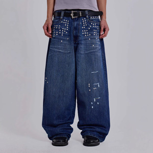 Vintage Straight-Leg Low-Rise <strong>Studded</strong> Streetwear Hand-Distressed Frayed Fashion Loose Denim Washed <strong>Jeans</strong> Unisex Casual - Product Image 1