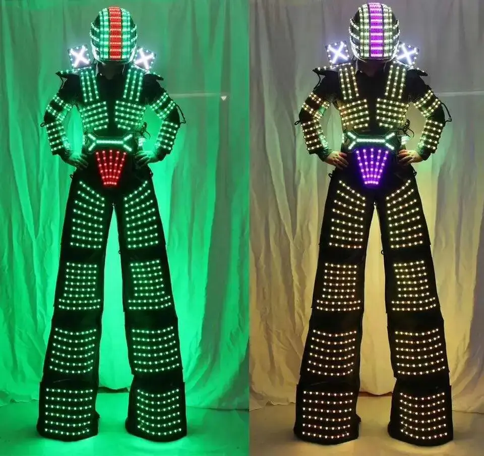 Tam renkli akıllı piksel LED Robot takım elbise kostüm giysi Stilts yürüteç kostüm LED ışıkları aydınlık ceket sahne dans performansı