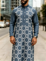 Qamis traditionnel pour homme, demi-fermeture à quatre boutons, col montant, manches longues, imprimé, style Dishdasha, pour affaires, gentleman, soirée urbaine, vente en gros
