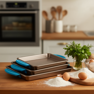 3-Piece Nonstick Baking Pan Set With Silicone Handle Rectangle Metal <b>Bakeware</b> For Oven Use - Product Image 2