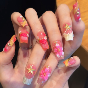 <span class=keywords><strong>Uñas</strong></span> Postizas Hechas a Mano Qianya, Degradado <span class=keywords><strong>Rosa</strong></span>, Flores Talladas en 3D, 10 Piezas, <span class=keywords><strong>Uñas</strong></span> Acrílicas, Punta Francesa, Estilo Europeo Americano, Venta al Por Mayor - Product Image 3