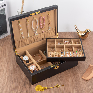 Caja <span class=keywords><strong>de</strong></span> madera maciza <span class=keywords><strong>de</strong></span> dos pisos, caja <span class=keywords><strong>de</strong></span> joyería antigua, pendientes, pulseras, collares, caja <span class=keywords><strong>de</strong></span> joyería, <span class=keywords><strong>cajas</strong></span> <span class=keywords><strong>de</strong></span> almacenamiento <span class=keywords><strong>de</strong></span> madera con cerradura - Product Image 4