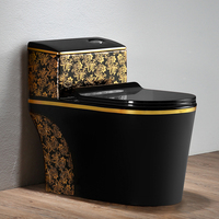Sanitaires de luxe, cuvette de toilette noire et dorée, porcelaine de salle de bain, toilette monobloc, toilette noire et dorée