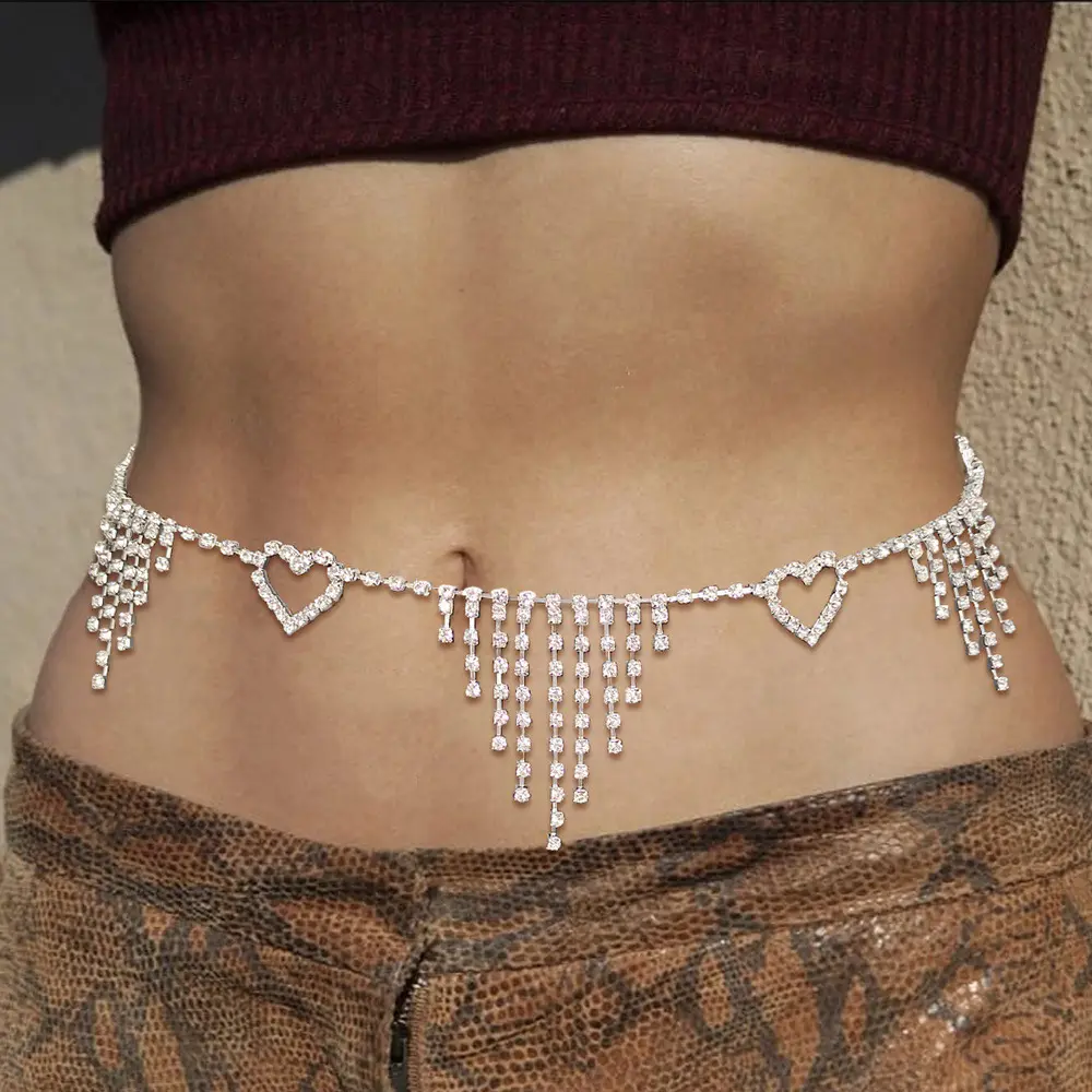 Cadena de cintura con corazón y borlas de diamantes de imitación para mujer, joyería Sexy de cristal para el cuerpo, accesorios de danza del vientre