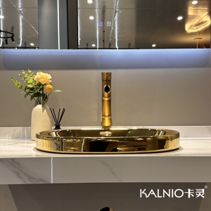 Moderno lavabo Semi-integrato più venduto, lavabo ovale in ceramica, lavabo dorato-Hotel Premium - Product Image 4