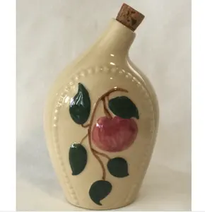 旧货早期美国陶瓷苹果图案陶瓷酒皮烧瓶压花酒瓶，带串珠边框家居装饰