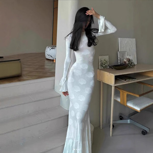 Evening Dress Long Sleeve Backless Sheer Layer Flared Sleeve Natural Waistline <b>Full</b> <b>Length</b> - Product Image 1