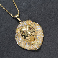 Pendentif Tête de Lion SN260 en Acier Inoxydable Plaqué Or, Sertie de Pierres, avec Yeux Marron, Collier Hip Hop Unisexe pour Fête et Cadeau