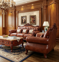 Klassisches Amerikanisches Echtleder-Sofa-Set Massivholz Handgeschnitztes Sofa Villa Wohnzimmer Heim-Möbel