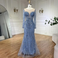 Serene Hill LA72264 Blaues Perlen-Verziertes Meerjungfrau-Abendkleid Langarm Elegante Formelle Partykleider für Damen